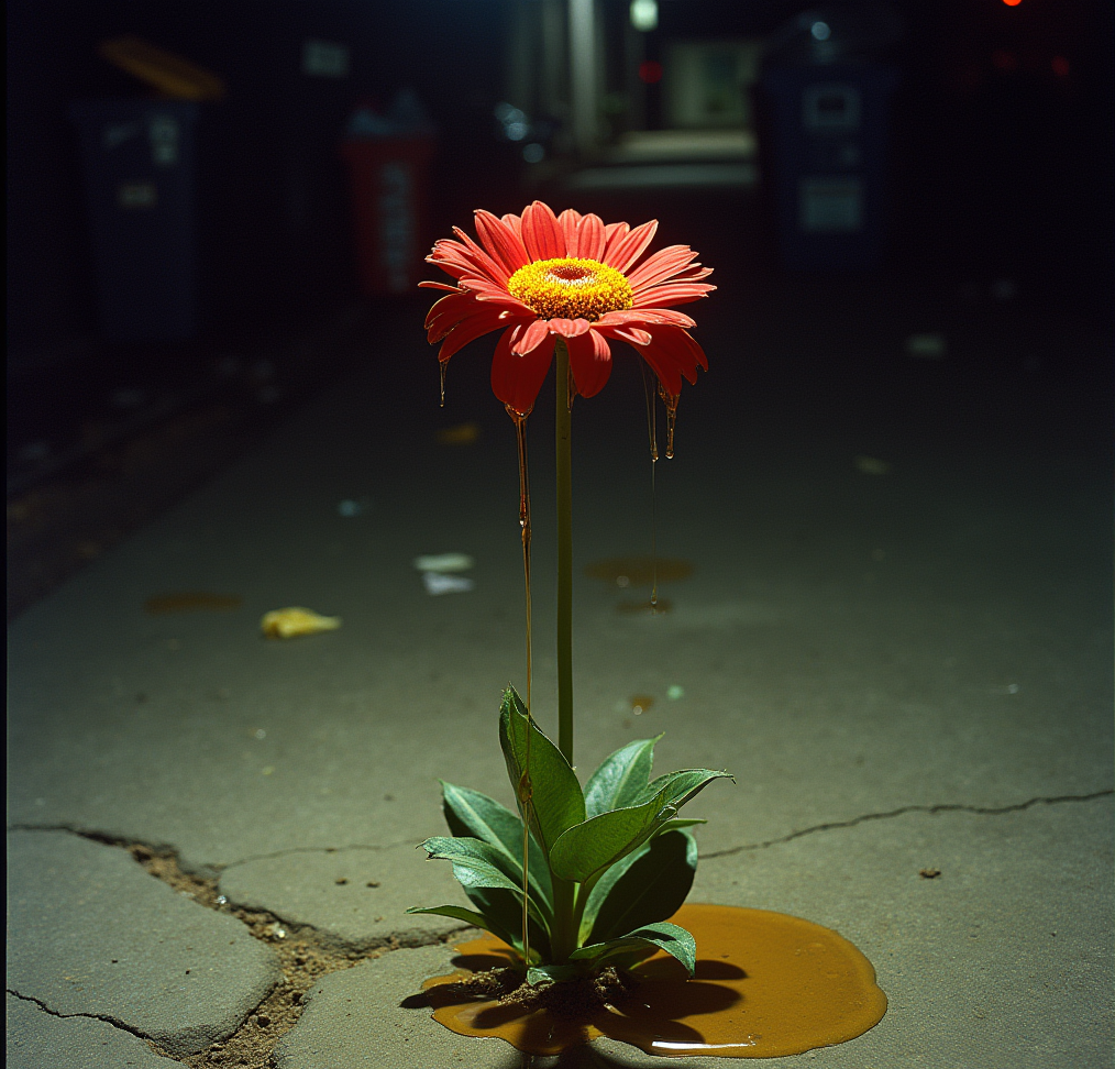 A flower in a parking lot